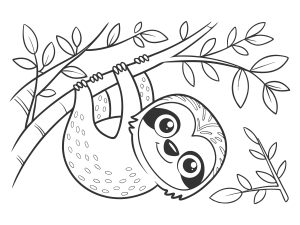 Black and white sloth line art - hanging from a tree