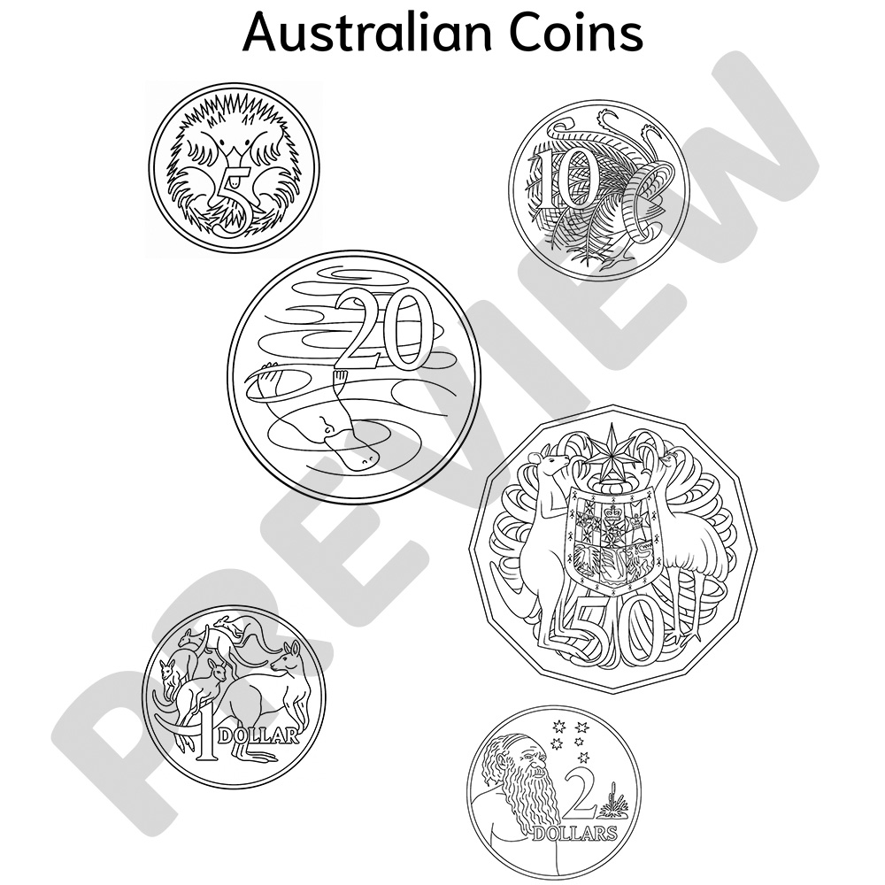 Australian Coins Printable Colouring Page Black and white colouring page of all six Australian coins including 5c, 10c, 20c, 50c, $1, and $2 designs