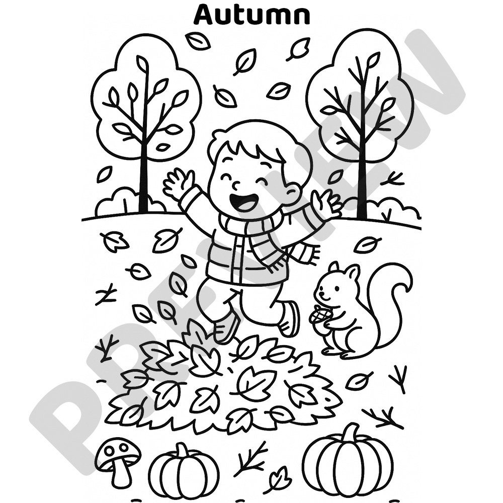 Autumn Park Printable Colouring Page Black and white colouring page of a child jumping in leaves with trees, pumpkins, mushrooms, and a squirrel holding an acorn
