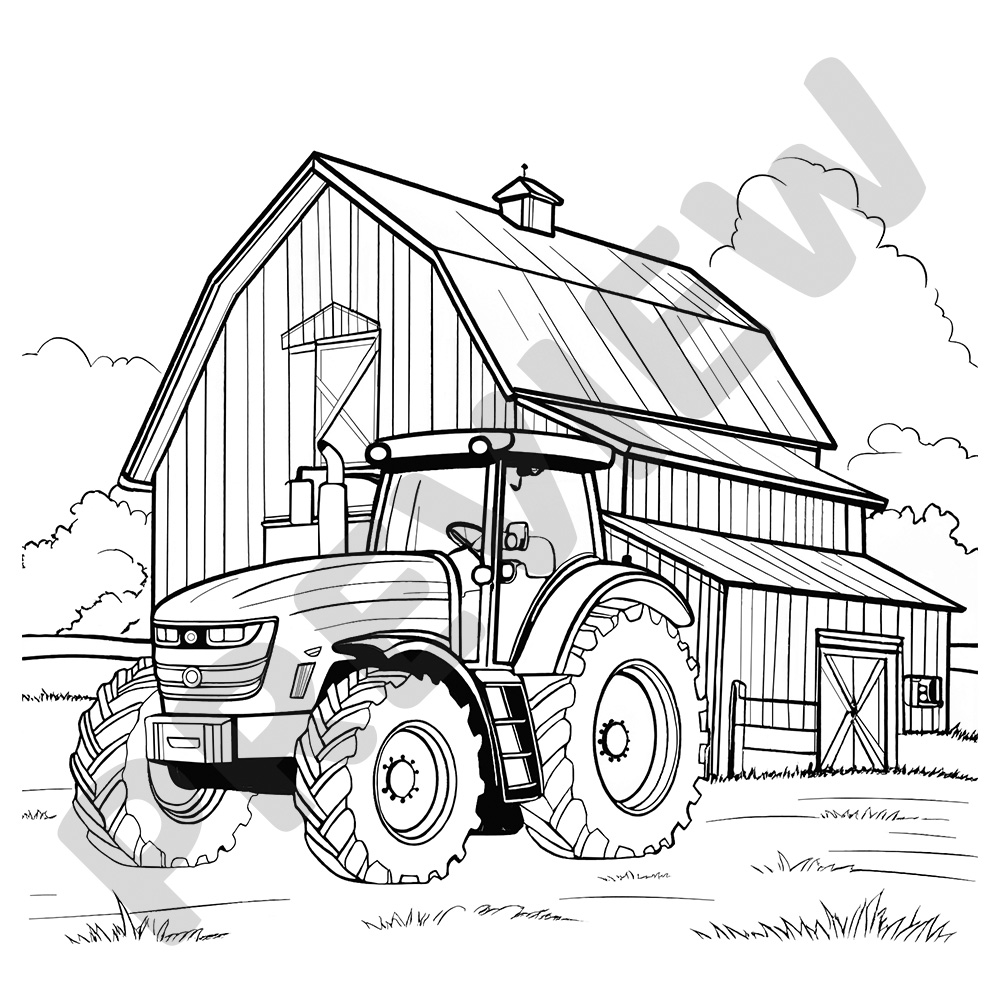 Barn and Tractor Colouring Page Modern Tractor in Front of Large Wooden Barn on a Farm - Black and White Colouring Page