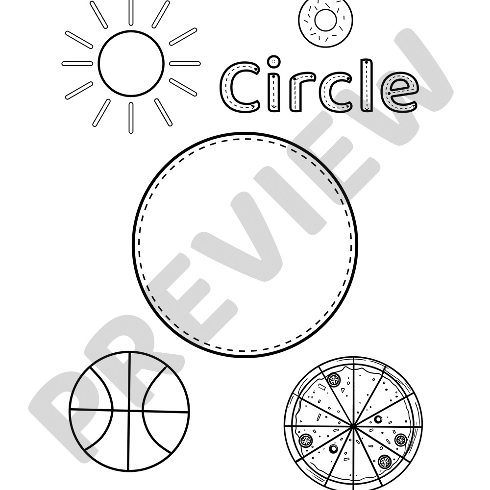 Circle Shape Printable Colouring Page Black and white colouring page of a circle surrounded by a sun, ball, donut, and pizza with bold outlines