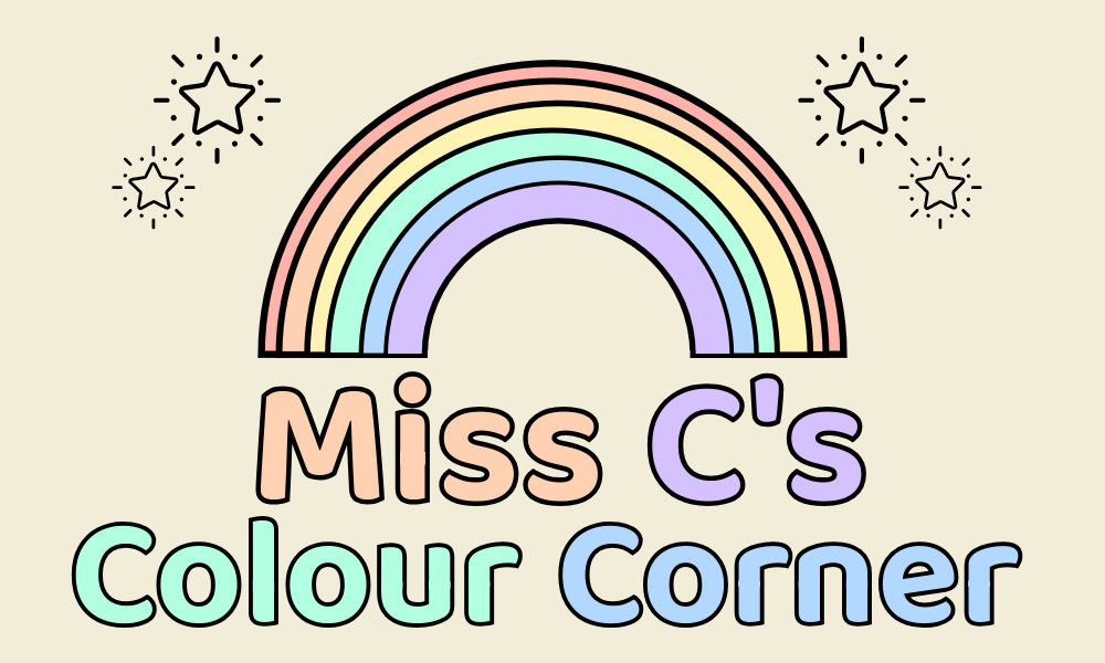 Miss C's Colour Corner logo – pastel colours. Site name in bubble letters, below rainbow.