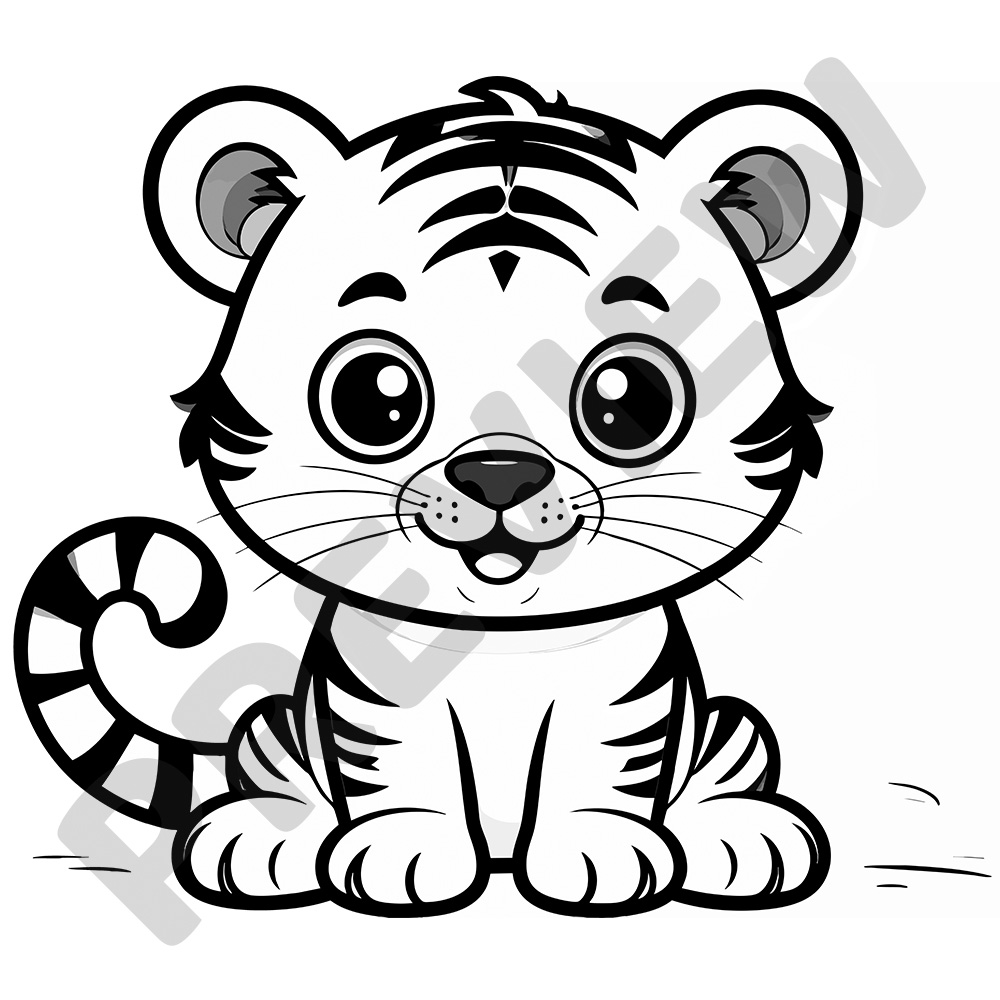 Cute Baby Tiger Colouring Page Smiling Baby Tiger Cub With Stripes And Big Eyes - Black and White Colouring Page