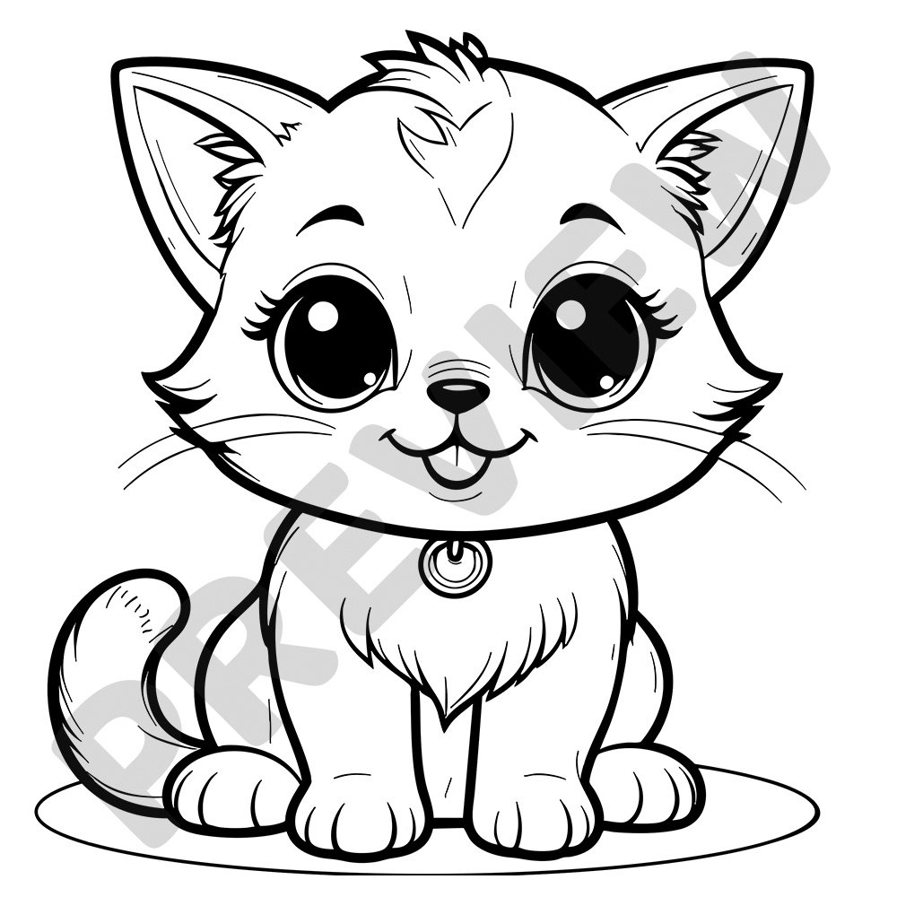 Cute Cartoon Kitten With Big Eyes Cute Kitten Sitting With Big Eyes – Black And White Colouring Page