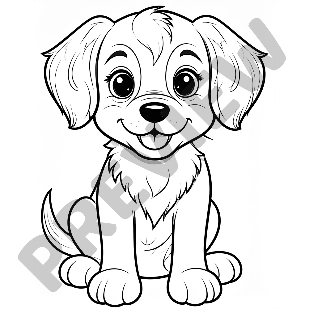 Cute Puppy Colouring Page Happy Cartoon Puppy Sitting and Smiling With Fluffy Ears - Black and White Colouring Page