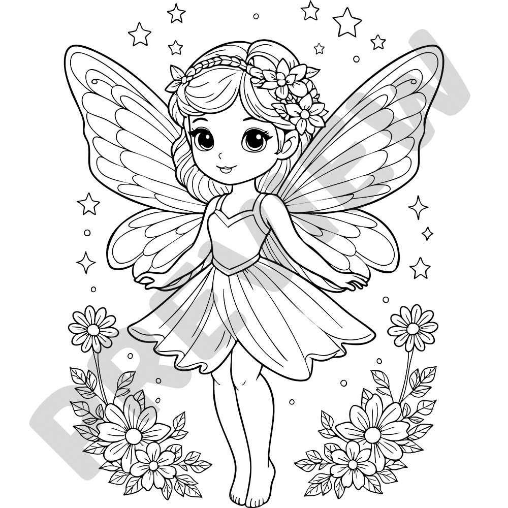 Black and white colouring page of a fairy with wings in a magical scene drawn with bold, clean lines