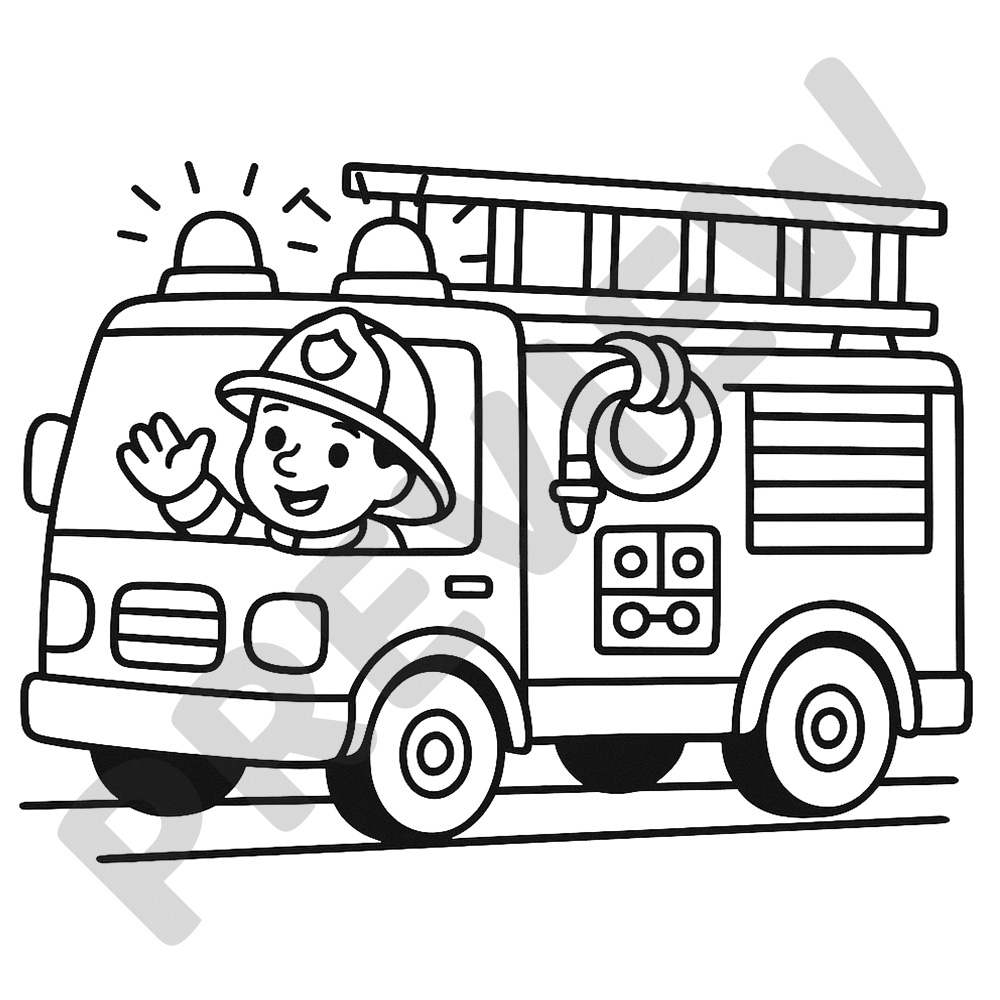 Fire Truck Printable Colouring Page Black and white colouring page of a cartoon fire truck with a firefighter waving from the window