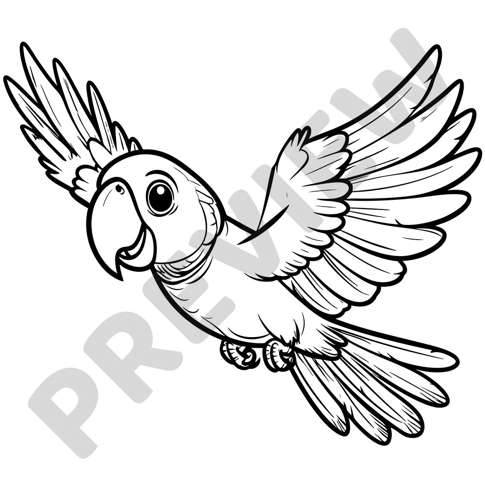 Flying Cartoon Parrot Flying Parrot With Wings Spread – Black And White Colouring Page