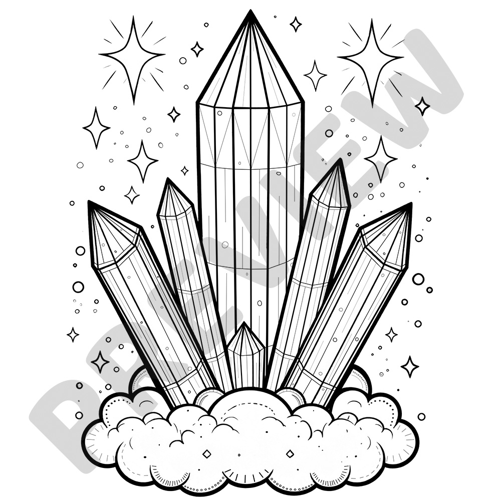 Gems On Clouds Colouring Page Crystals Bursting From Clouds With Sparkles Around - Black and White Colouring Page