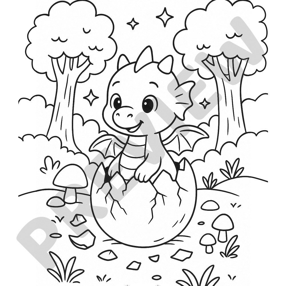 Black and white colouring page of a baby dragon hatching from an egg in a magical forest with cartoon-style details