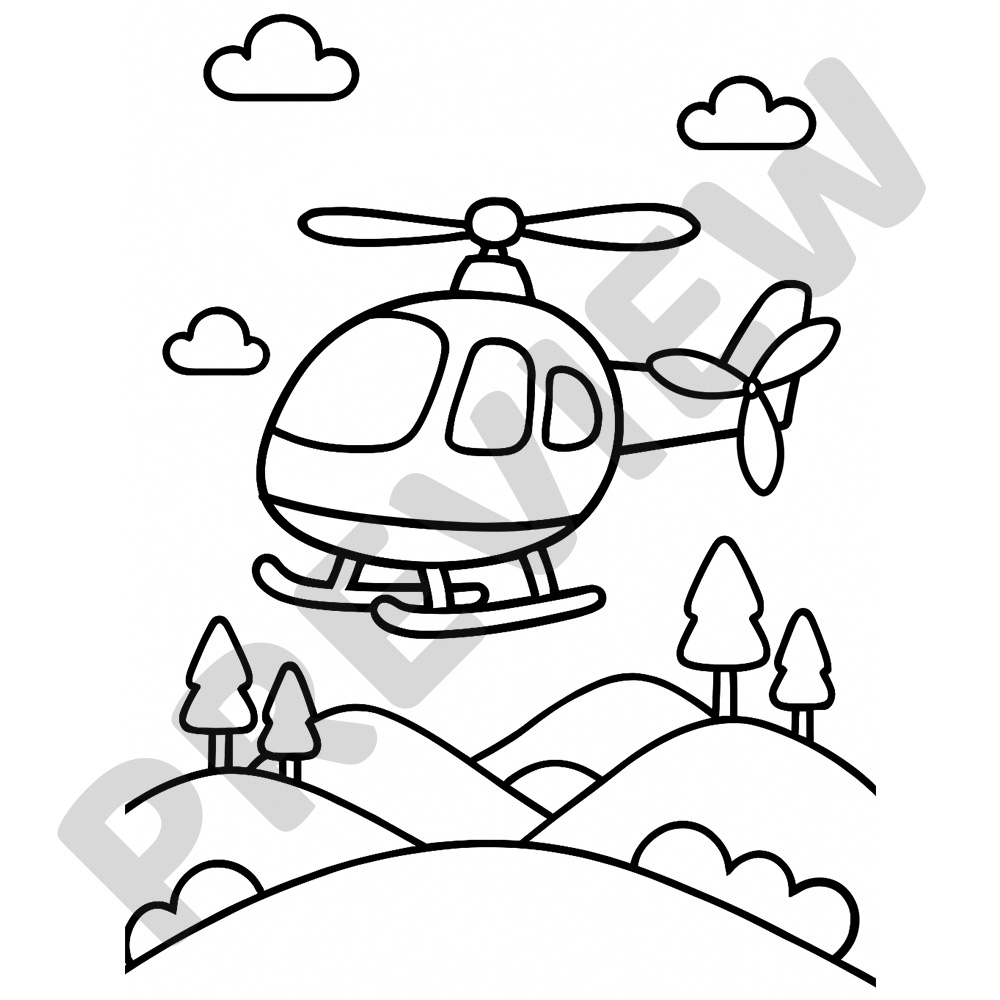 Helicopter Printable Colouring Page Black and white colouring page of a cartoon helicopter flying above rolling hills