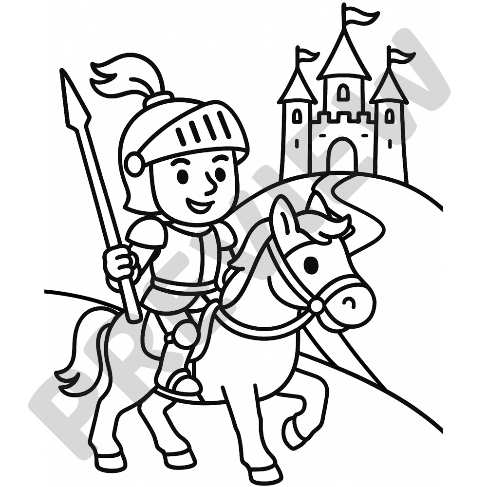 Black and white colouring page of a knight in armour riding a horse toward a castle on a hill with waving flags