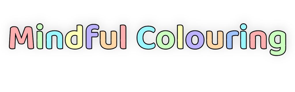 Mindful colouring written in bubble letters with thick black border and pastel fill
