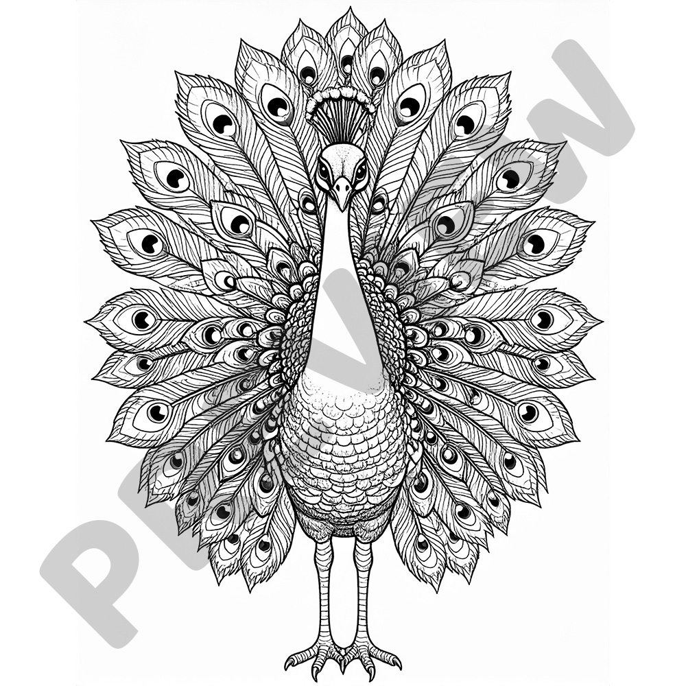 Mindful Peacock Colouring Page Peacock with fanned feathers in detailed line art - Black and White Colouring Page