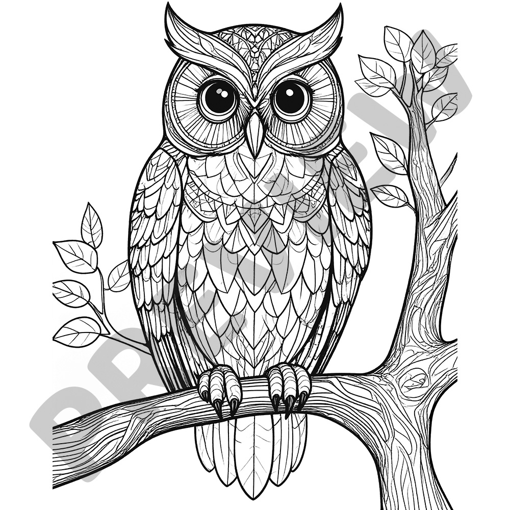 Owl on Branch Colouring Page Detailed Owl Sitting on a Tree Branch With Leaves - Black and White Colouring Page