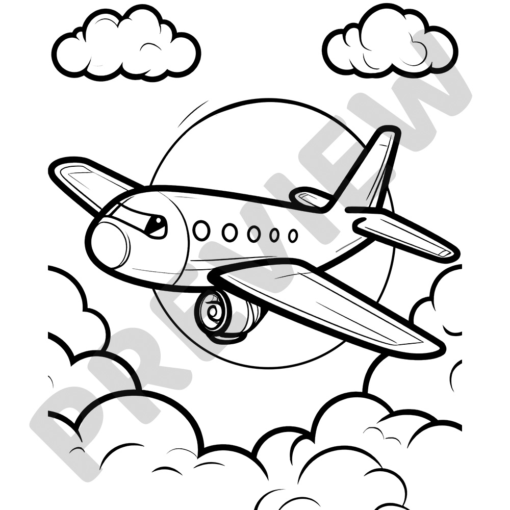 Plane Flying Through Clouds Colouring Page Cartoon Jet Flying Through Clouds In Front Of The Sun - Black and White Colouring Page