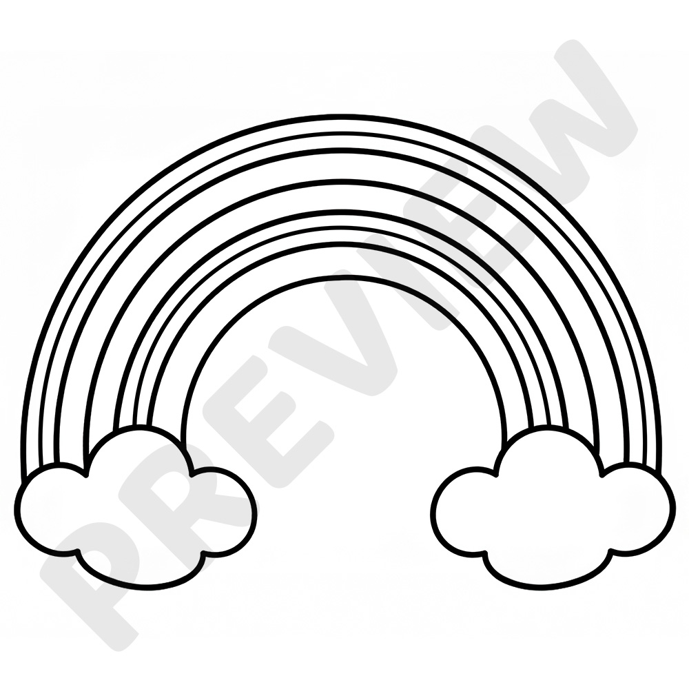 Rainbow colouring page with seven curved stripes and fluffy clouds at each end