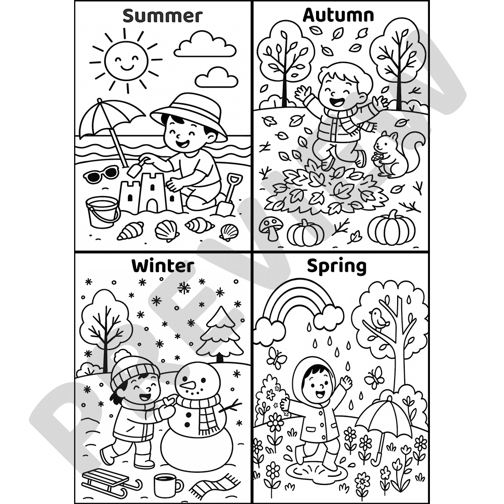 Four Seasons Printable Colouring Page Black and white colouring page with four scenes showing summer, autumn, winter, and spring with seasonal elements and children