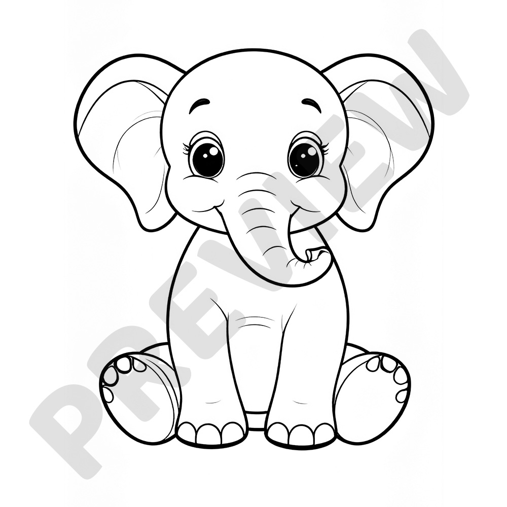 Sitting Elephant Colouring Page Cute elephant sitting with front legs between outstretched back legs- Black and White Colouring Page