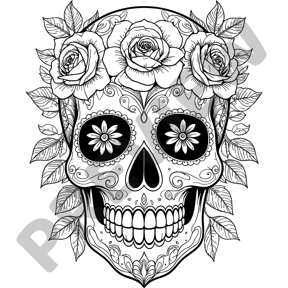 Skull With Flowers Colouring Page Sugar Skull With Roses And Leafy Details - Black and White Colouring Page
