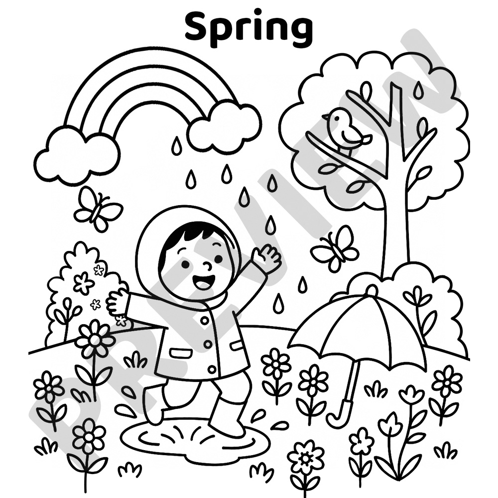 Spring Garden Printable Colouring Page Black and white colouring page of a child in gumboots jumping in a puddle with flowers, butterflies, rainbow, and raindrops