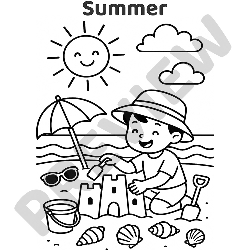 Summer Beach Printable Colouring Page Black and white colouring page of a child in a sunhat building a sandcastle with sun, waves, umbrella, and beach toys