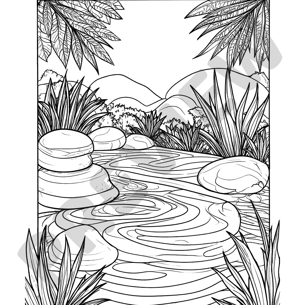 Swirling Pond Colouring Page Swirling Pond With Stones And Tropical Leaves - Black and White Colouring Page