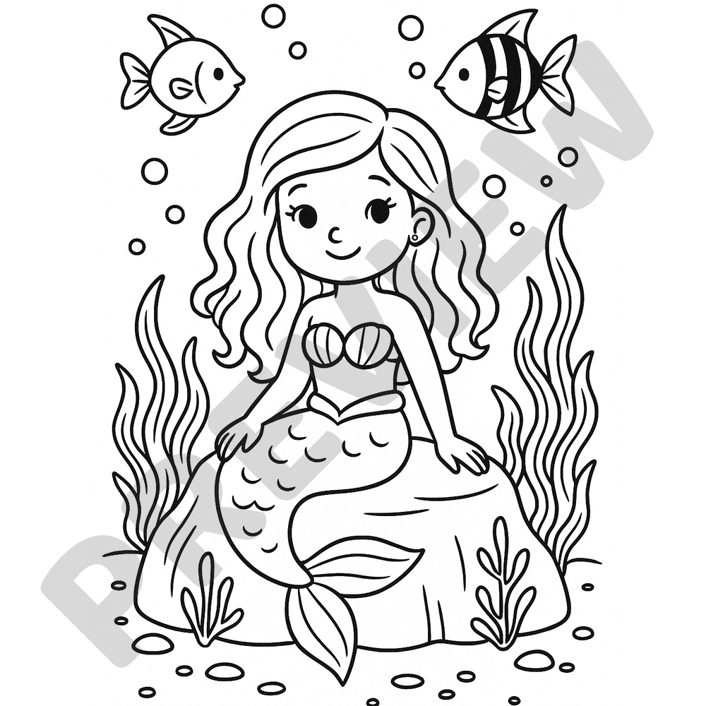 Black and white colouring page of a mermaid on a rock with fish, seaweed, and bubbles in an underwater scene