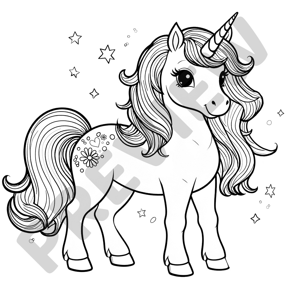 Cute Unicorn With Long Mane, Tail, and Sparkles- Black and White Colouring Page