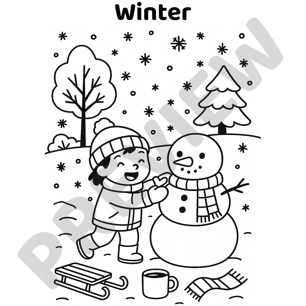 Snowy Winter Printable Colouring Page Black and white colouring page of a child making a snowman with snowflakes, pine trees, sled, and hot cocoa nearby