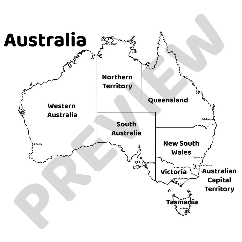 Map of Australia Educational Colouring Page Black and white outline map of Australia for colouring and learning