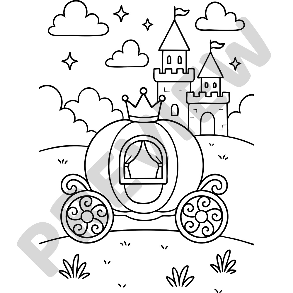 Black and white colouring page of a magical pumpkin carriage with a crown in front of a fairytale castle