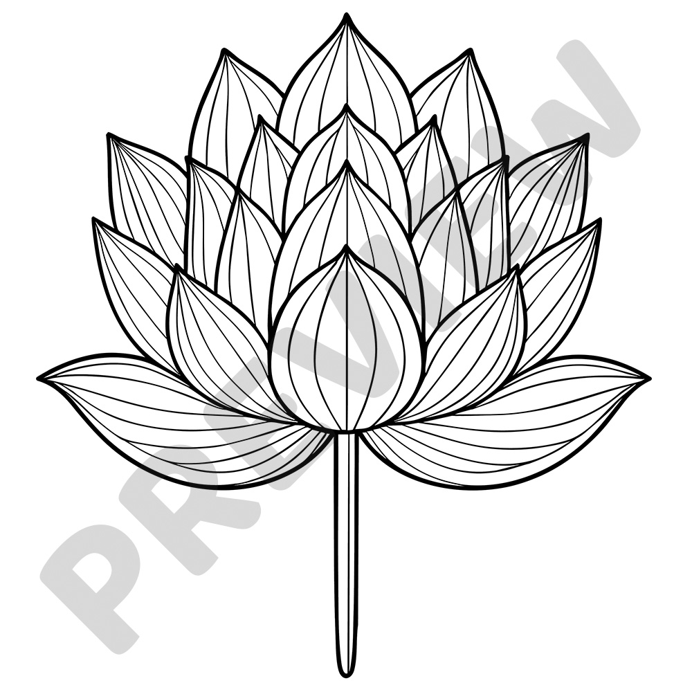 Lotus Flower Mindful Colouring Page Black and white colouring page of a detailed lotus flower with layered petals and clean, symmetrical lines