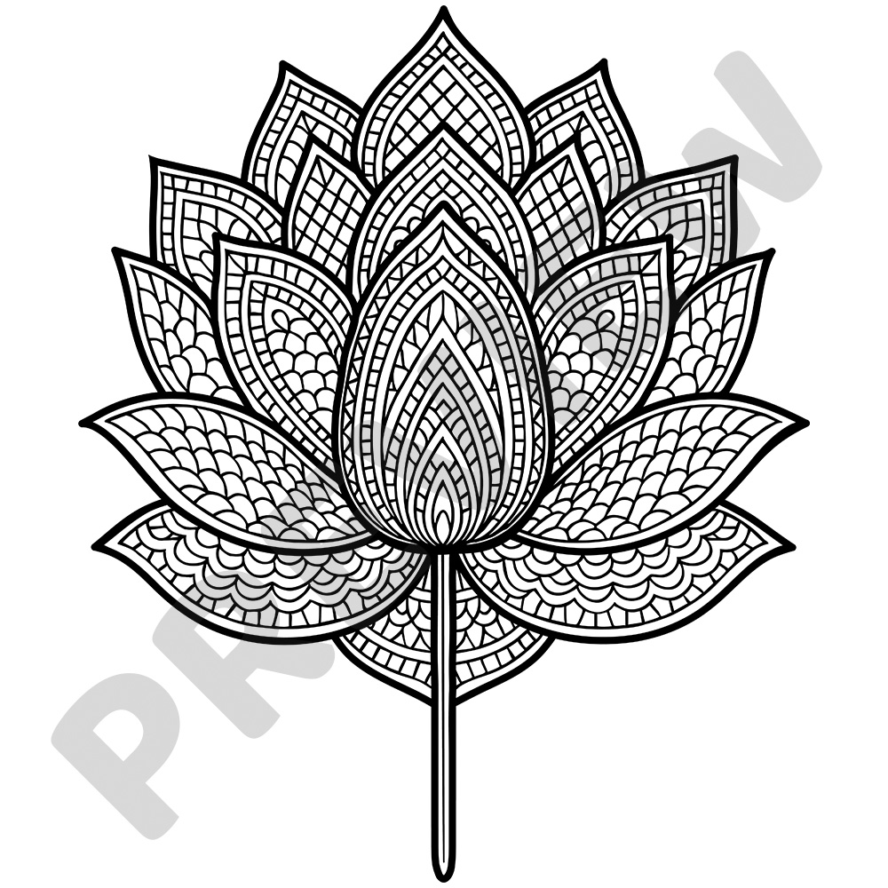 Mandala Lotus Mindful Colouring Page Black and white colouring page of a lotus flower with detailed mandala-style patterns in each petal