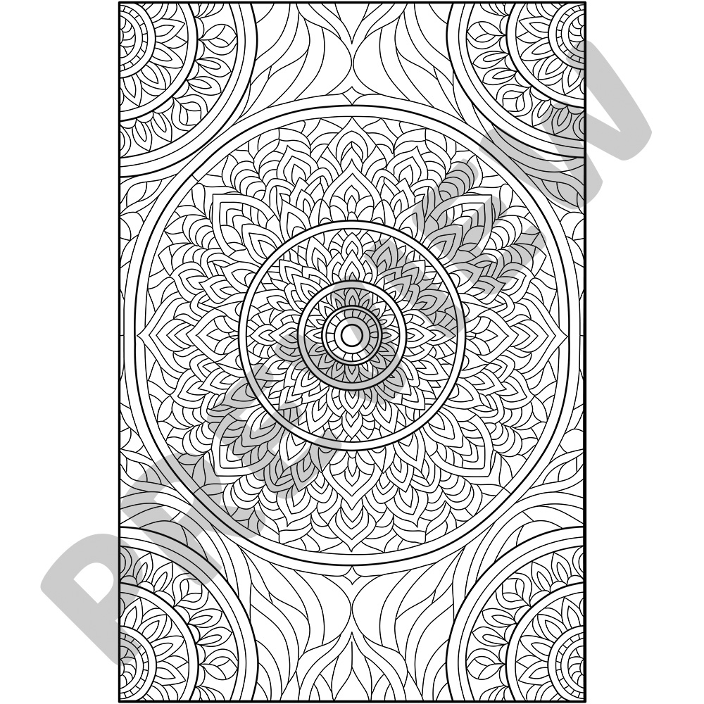 Intricate Mandala Mindful Colouring Page Black and white colouring page of a detailed mandala with layered circular patterns and fine linework