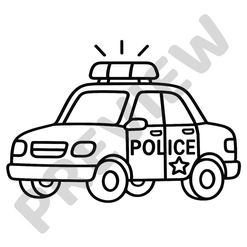 Simple Cartoon Police Car Printable Colouring Page Black and white colouring page of a simple cartoon police car with a light bar on top