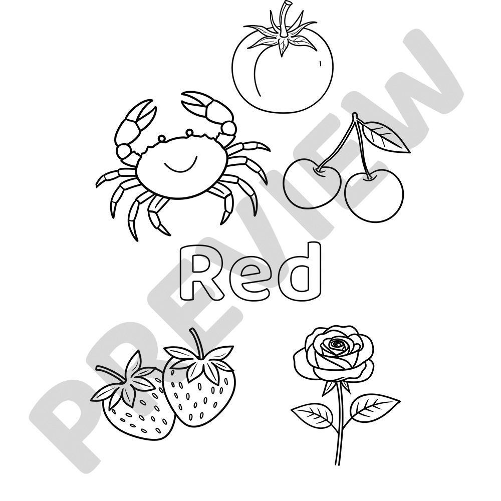 Red Colour Word Printable Colouring Page Black and white colouring page of the word Red with a crab, tomato, cherries, strawberries, and a rose