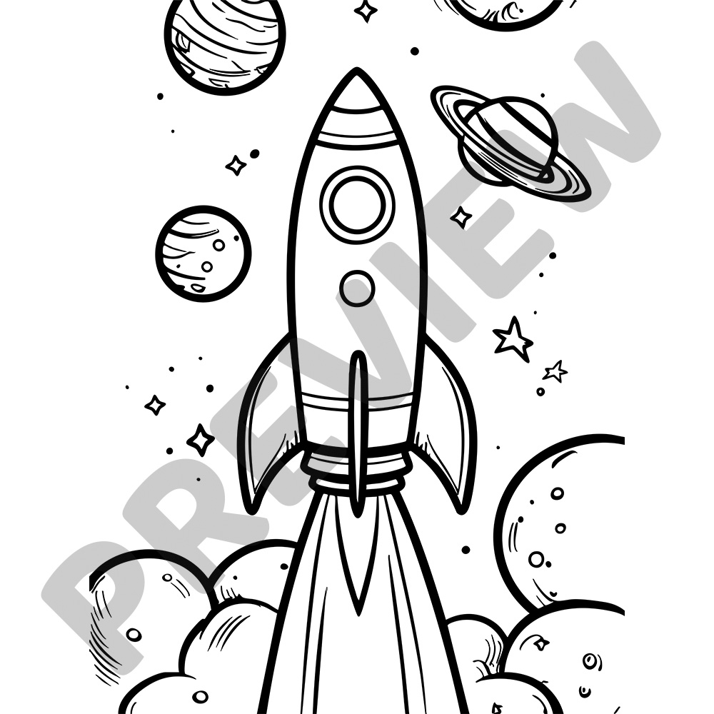 Cartoon Rocket Space Colouring Page Black and white cartoon rocket blasting into space with planets and stars in the background
