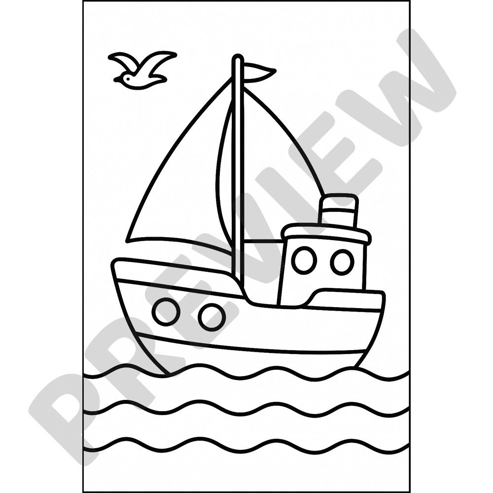 Sailboat on the Ocean Printable Colouring Page Black and white colouring page of a sailboat with circular windows sailing on wavy ocean waves