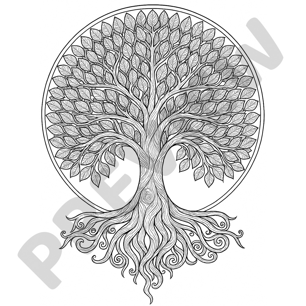 Tree of Life Mindful Colouring Page Black and white colouring page of an intricate tree of life with detailed branches and curling roots for mindful colouring