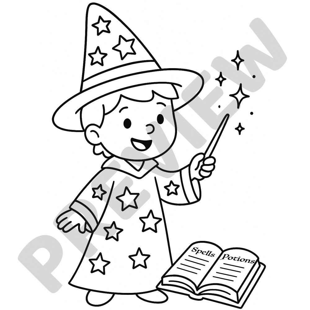 Black and white colouring page of a young wizard in a starry robe holding a wand with sparkles beside a magical book
