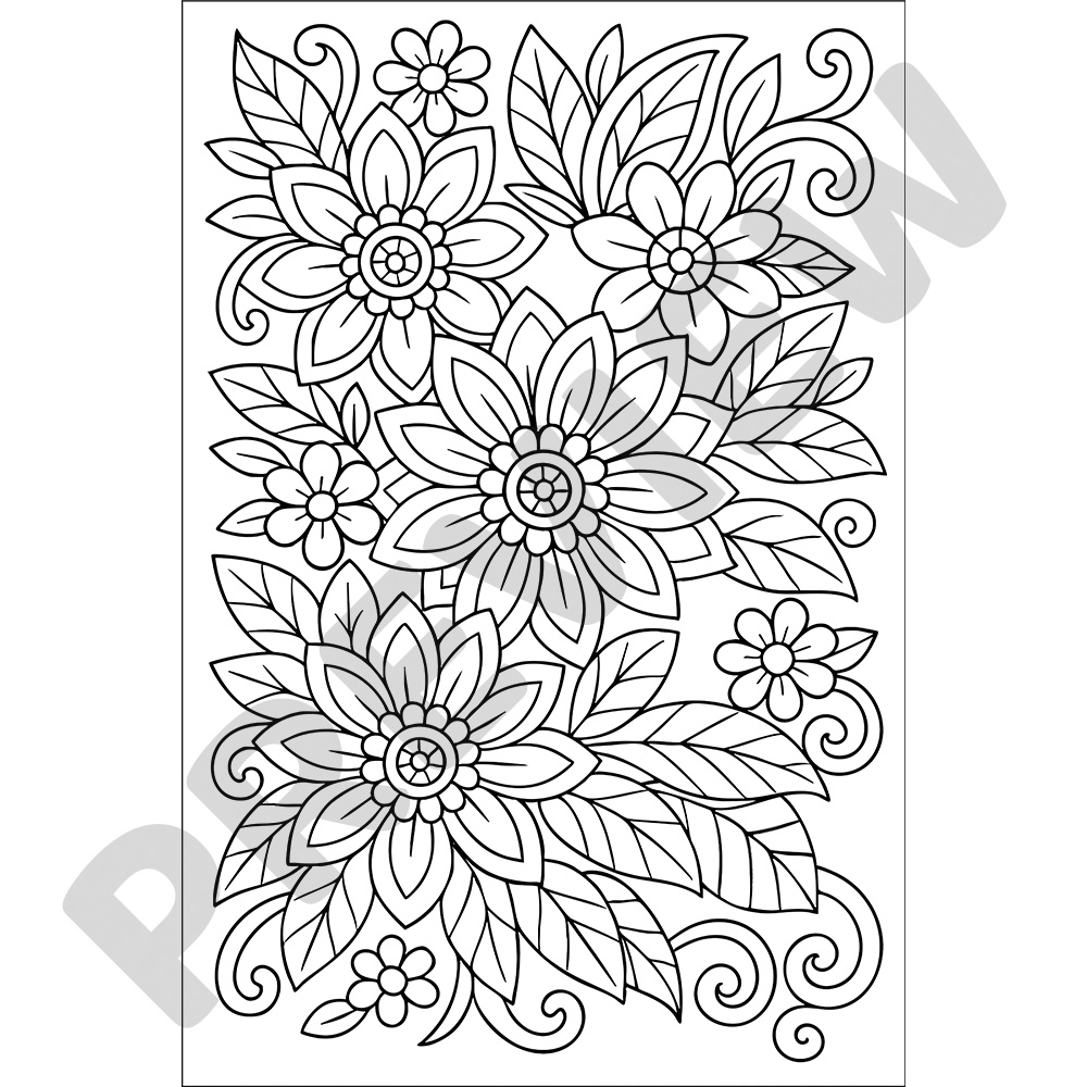 Floral Pattern Printable Colouring Page Black and white colouring page of decorative flowers with leaves and swirly details