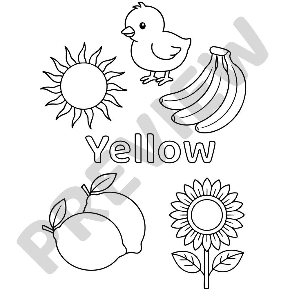 Yellow Colour Word Printable Colouring Page Black and white colouring page of the word Yellow with a chick, bananas, lemons, sunflower, and the sun