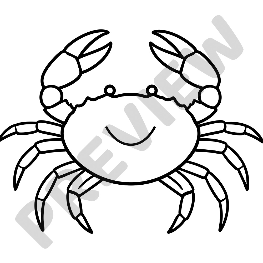 Cute Crab Printable Colouring Page Black and white colouring page of a smiling cartoon crab with large claws