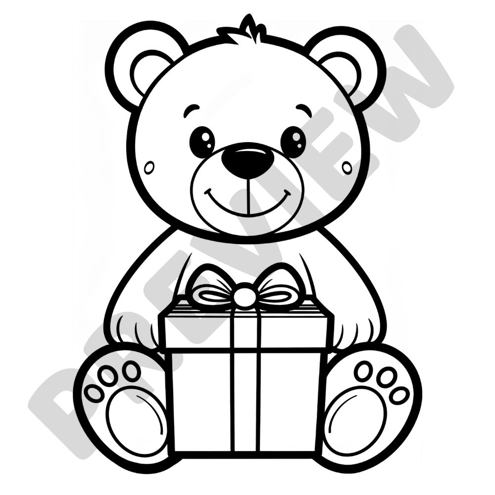 Cute Teddy with Present Printable Colouring Page Black and white colouring page of a cute teddy bear sitting with a present between its legs